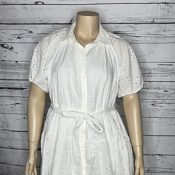 A New Day NWT XXL White Eyelet 100% Cotton Button Down Shirt Dress w/ Tie Belt - Picture 2 of 5